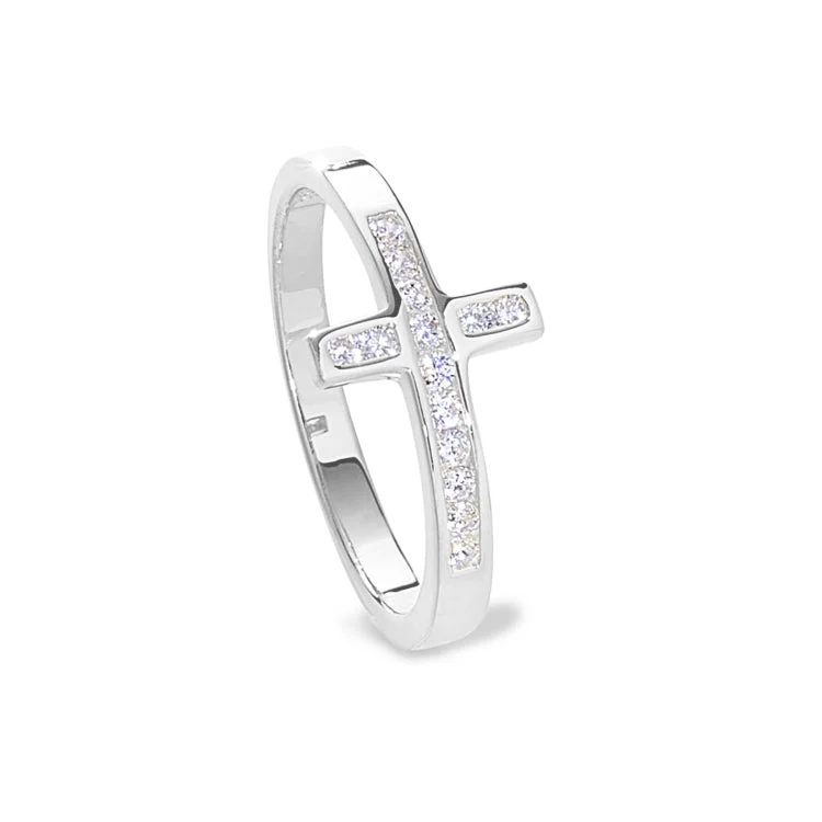 Ladies rings polished shine -Platinum Finish Sterling Silver Micropave Cross Ring with Simulated Diamonds - size 5