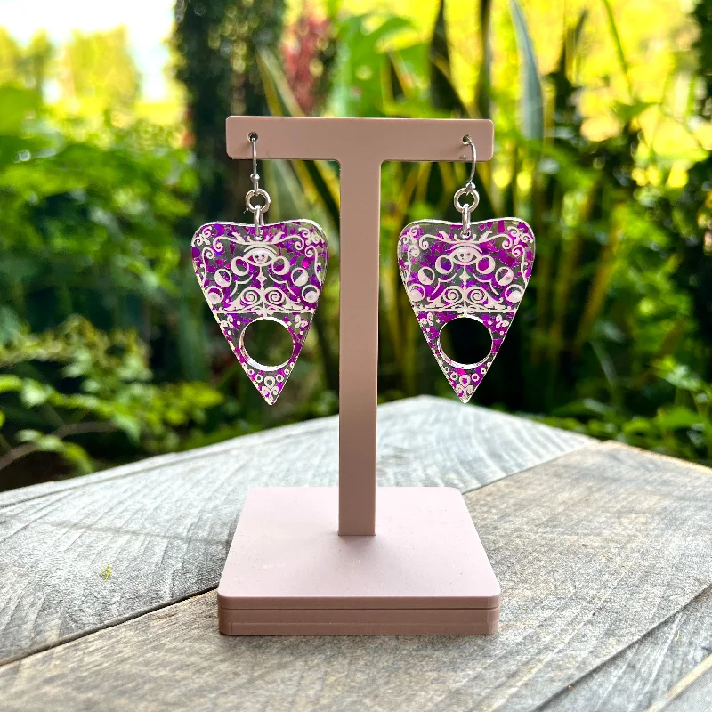 Ladies earrings with initial charms -Purple Ouija Planchette Earrings