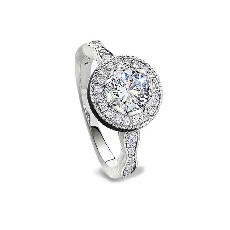 Ladies rings for dance vibes -Platinum Finish Sterling Silver Micropave Round Halo Ring with Simulated Diamonds - Size 8