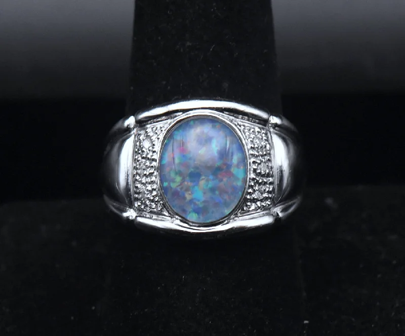 Ladies rings soft shine -Vintage Opal Triplet and Diamonds Sterling Silver Ring - Size 9.25