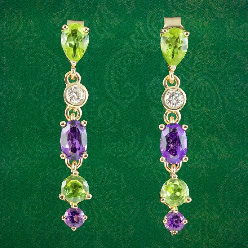 Ladies earrings for gala charm -Edwardian Suffragette Style Drop Earrings Amethyst Peridot Diamond