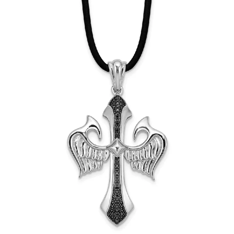 ladies-affordable-beaded-choker-necklaces-Black Diamond Sterling Silver Cross with Wings & Rubber Cord Necklace