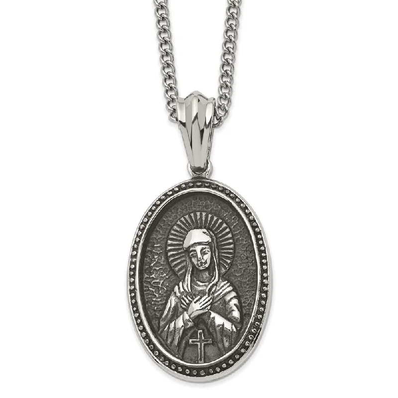 ladies-bar-pendant-diamond-necklaces-Stainless Steel Large Antiqued Our Lady of Guadalupe Necklace, 24 Inch