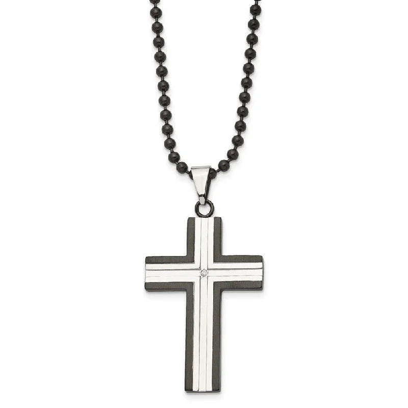 ladies-wedding-figaro-chain-necklaces-Stainless Steel & CZ Polished & Black Plated Cross Necklace, 30 Inch