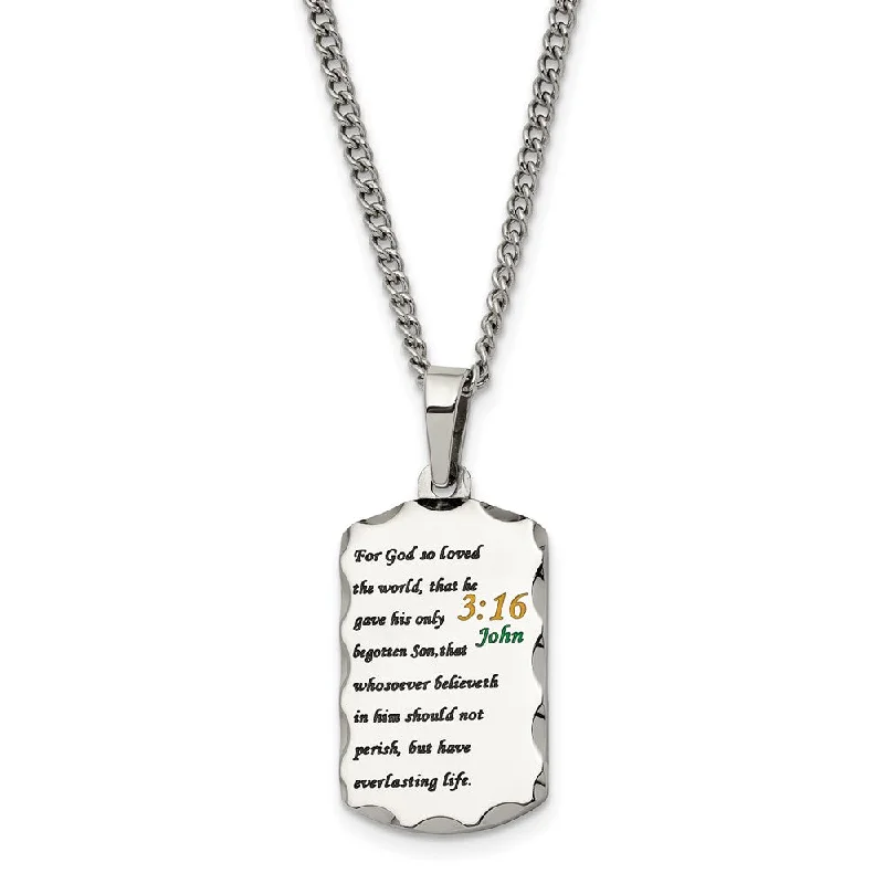 ladies-crystal-diamond-necklaces-Stainless Steel Acid Etched John 3:16 Small Dog Tag Necklace, 24 Inch