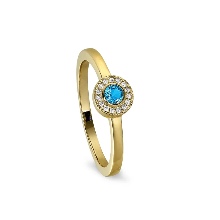 Ladies rings for lazy charm -Gold Finish Sterling Silver Micropave Round Simulated Blue Topaz Ring with Simulated Diamonds Size 6