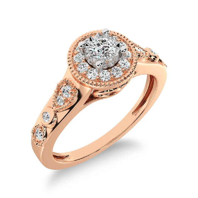 Ladies wedding rings with fog labradorite -10K Rose Gold Diamond 1/5 Ct.Tw. Milgrain detail Halo Engagement Ring