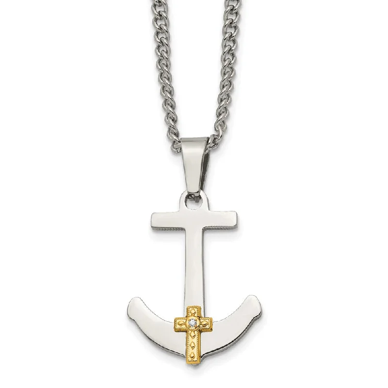 ladies-minimalist-silver-necklaces-Stainless Steel 14k Yellow Gold & Diamond Anchor Cross Necklace, 24 In