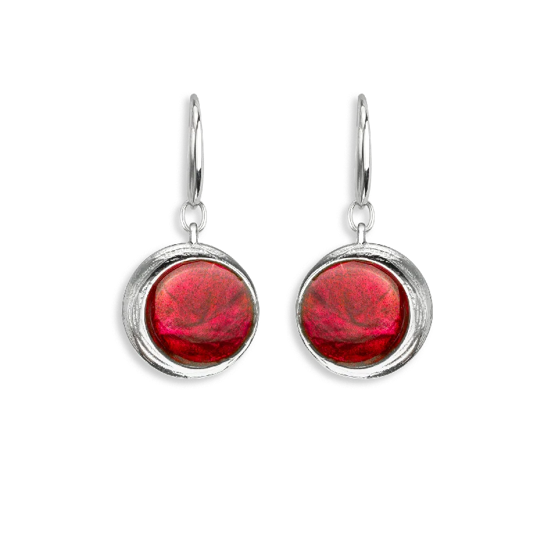 Ladies earrings with blaze shine -Round Red Enamel Drop Earrings in Silver by Nicole Barr