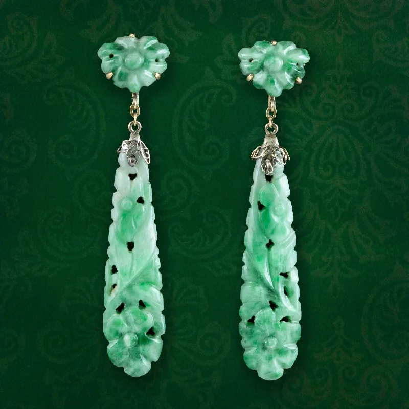 Ladies earrings with butterfly drops -Antique Victorian Jade Drop Earrings 9ct Gold