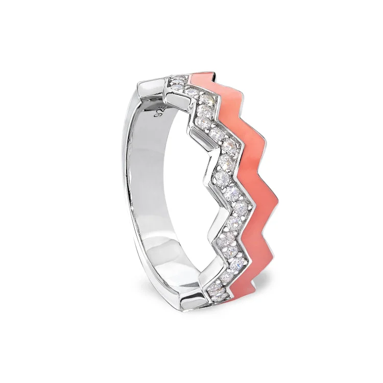 Ladies rings quirky shine -Platinum Finish Sterling Silver Micropave Ring with with Coral Enamel and Simulated Diamondss