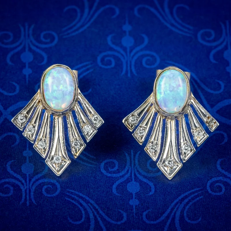 Ladies earrings for dancer vibes -Art Deco Style Opal Diamond Fan Earrings 9Ct Gold