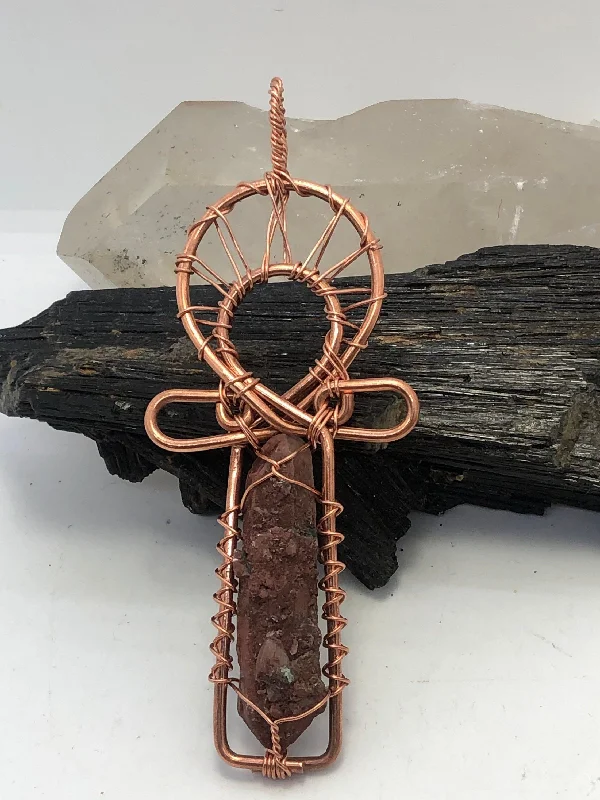 ladies-crystal-gold-necklaces-Hematoid Red Quartz Copper Egyptian Kemetic Coptic Cross  Ankh Wirewrapped Wearable Pendant Necklace