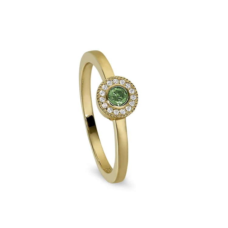 Ladies rings for hangout elegance -Gold Finish Sterling Silver Micropave Round Simulated Peridot Ring with Simulated Diamonds Size 4