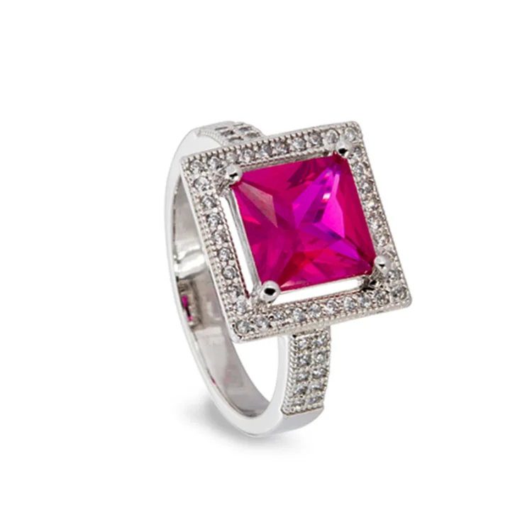 Ladies rings with nature motifs -Platinum Finish Sterling Silver Micropave Simulated Ruby Princess Cut Ring with 57 Simulated Diamonds