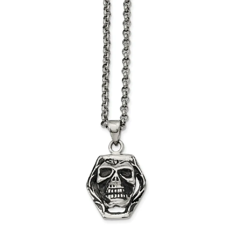 ladies-luxury-figaro-chain-necklaces-Stainless Steel Antiqued Skull Necklace 24 Inch