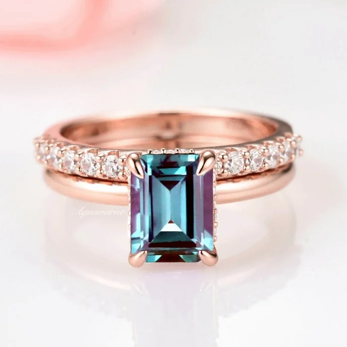 Ladies wedding rings radiant eternity -Alexandrite Engagement Ring Set- 14K Rose Gold Vermeil