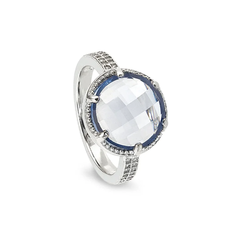 Ladies rings with violet opal -Platinum Finish Sterling Silver Micropave Facet Cut Blue Ring with Simulated Diamonds