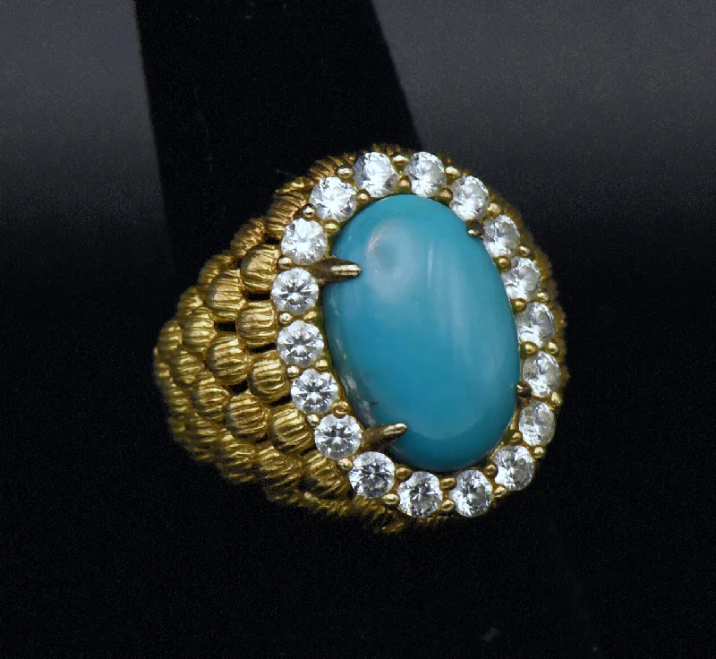 Ladies rings with pearl inlays -Vintage Turquoise and Rhinestones Gold Tone Sterling Silver Ring - Size 5