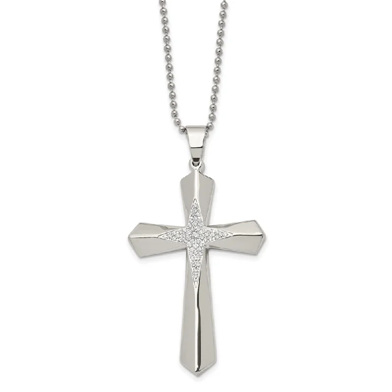 ladies-flower-figaro-chain-necklaces-Stainless Steel & CZ Large Passion Cross Necklace, 24.5 Inch