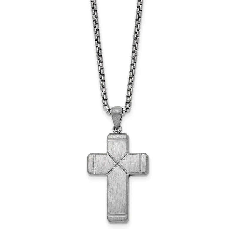 ladies-handmade-box-chain-necklaces-Stainless Steel Brushed & Grooved Cross Necklace, 19.5 Inch