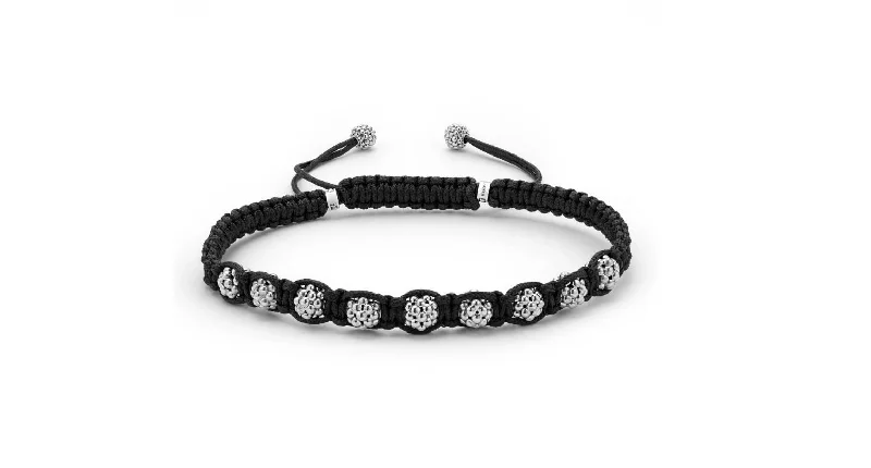 ladies-crystal-silver-bracelets-Anthem Black Macrame Caviar Ball Rope Bracelet in Sterling Silver, Size 7