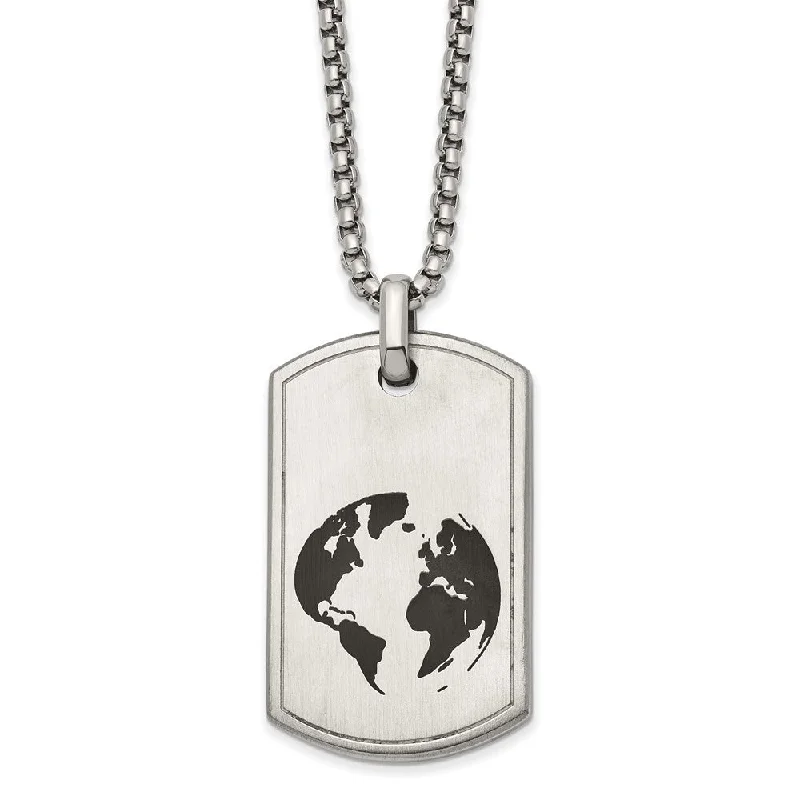 ladies-elegant-curb-chain-necklaces-Stainless Steel Brushed & Enamel Earth Dog Tag Necklace, 24 Inch