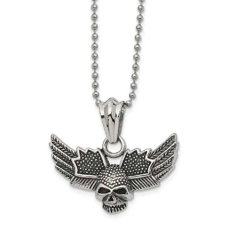 ladies-elegant-box-chain-necklaces-Stainless Steel Textured Winged Skull Necklace, 22 Inch