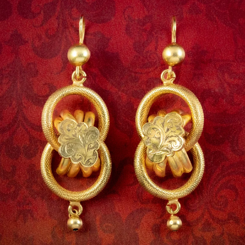 Ladies earrings fine shine -Antique Victorian Etruscan Love Knot Drop Earrings 15ct Gold