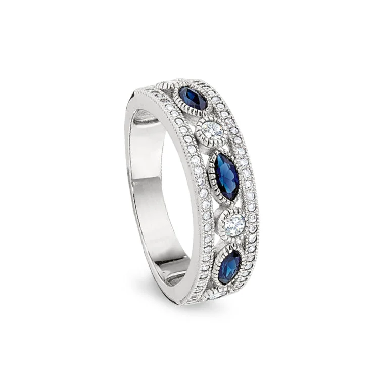 Ladies rings with dream inscriptions -Platinum Finish Sterling Silver Micropave Vintage Ring with Synthetic Blue Sapphire & 58 Simulated Diamonds