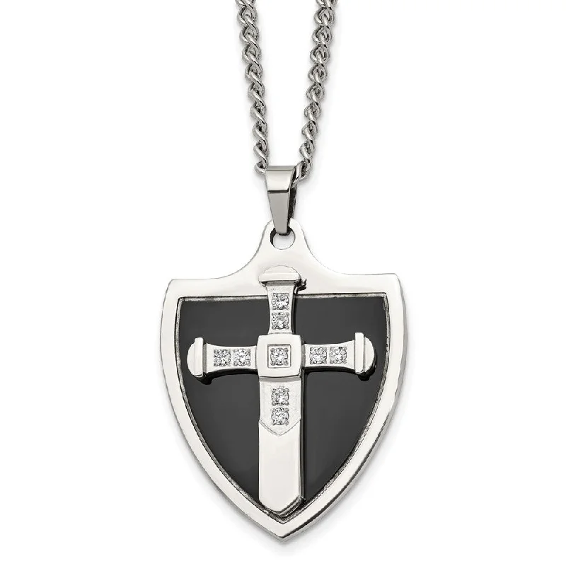 ladies-fashion-box-chain-necklaces-Mens Stainless Steel, Black Plated & CZ Cross Shield Necklace, 24 Inch