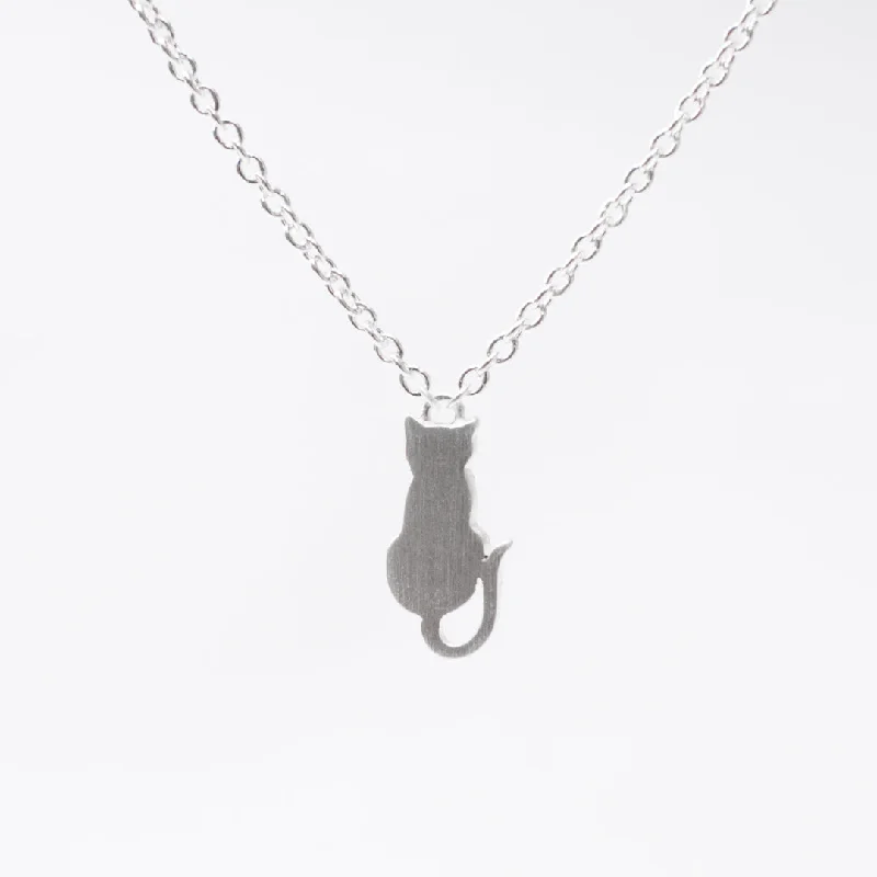 ladies-birthstone-figaro-chain-necklaces-Brushed Silver Sitting Cat Necklace