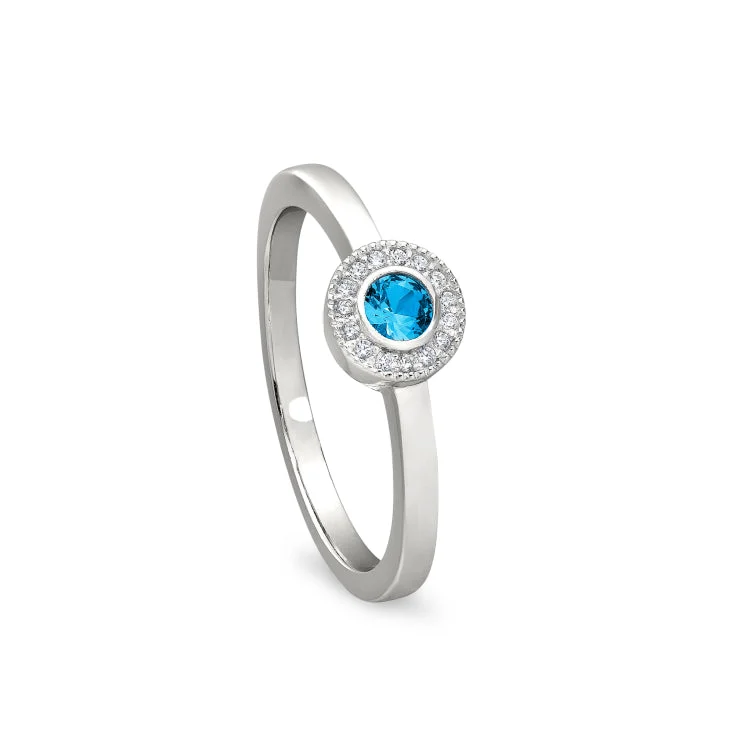 Ladies rings with topaz brilliance -Platinum Finish Sterling Silver Micropave Round Simulated Blue Topaz Ring with Simulated Diamonds Size 5