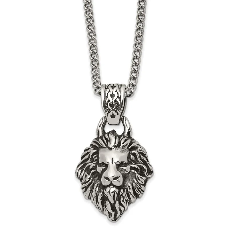 ladies-affordable-bar-pendant-necklaces-Stainless Steel Medium Antiqued Lion's Head Necklace, 24 Inch