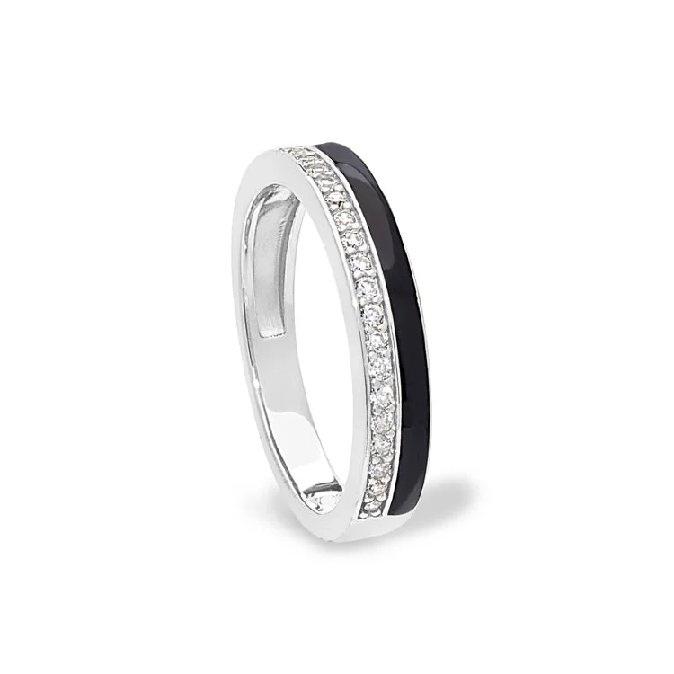 Ladies rings with flare shine -Platinum Finish Sterling Silver Micropave Ring with with Black Enamel and Simulated Diamondss