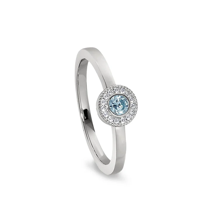 Ladies rings for quest charm -Platinum Finish Sterling Silver Micropave Round Simulated Aquamarine Ring with Simulated Diamonds Size 4