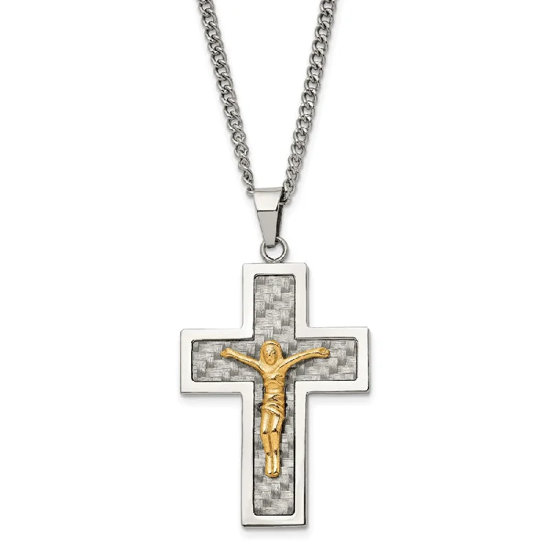 ladies-sterling-silver-heart-locket-necklaces-Stainless Steel, Gold Tone, Gray Carbon Fiber Crucifix Necklace, 24 In