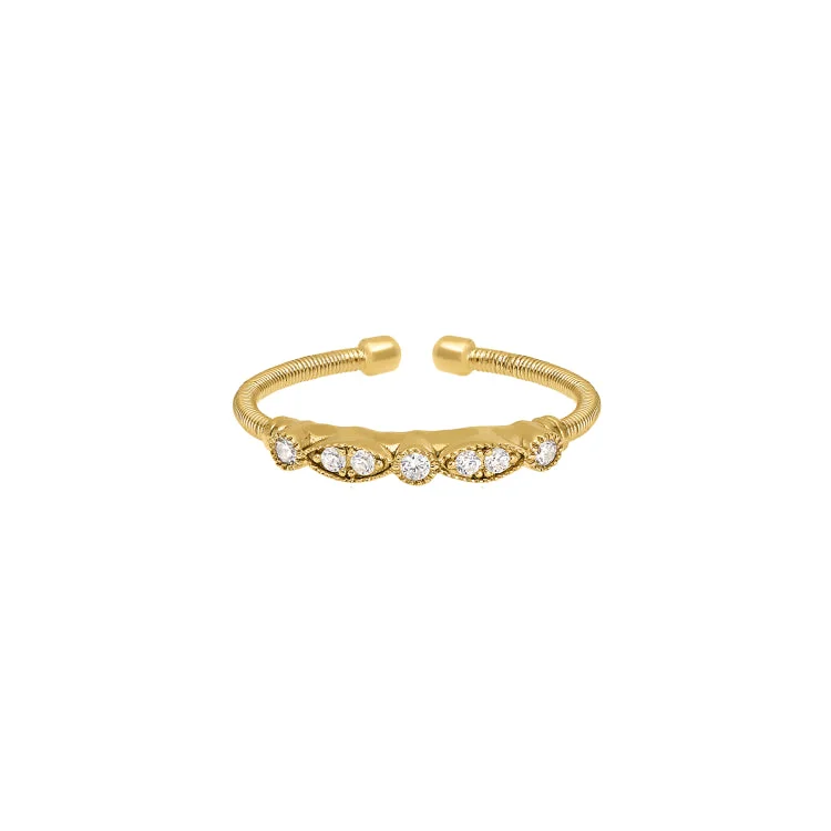 Ladies rings cool elegance -Gold Finish Sterling Silver Cable Cuff Ring with Simulated Diamond Marquis & Round Design