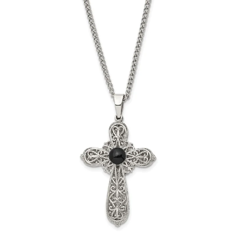 ladies-gold-pearl-necklaces-Stainless Steel & Black Epoxy Pentecost Prayer Cross Necklace, 24 Inch