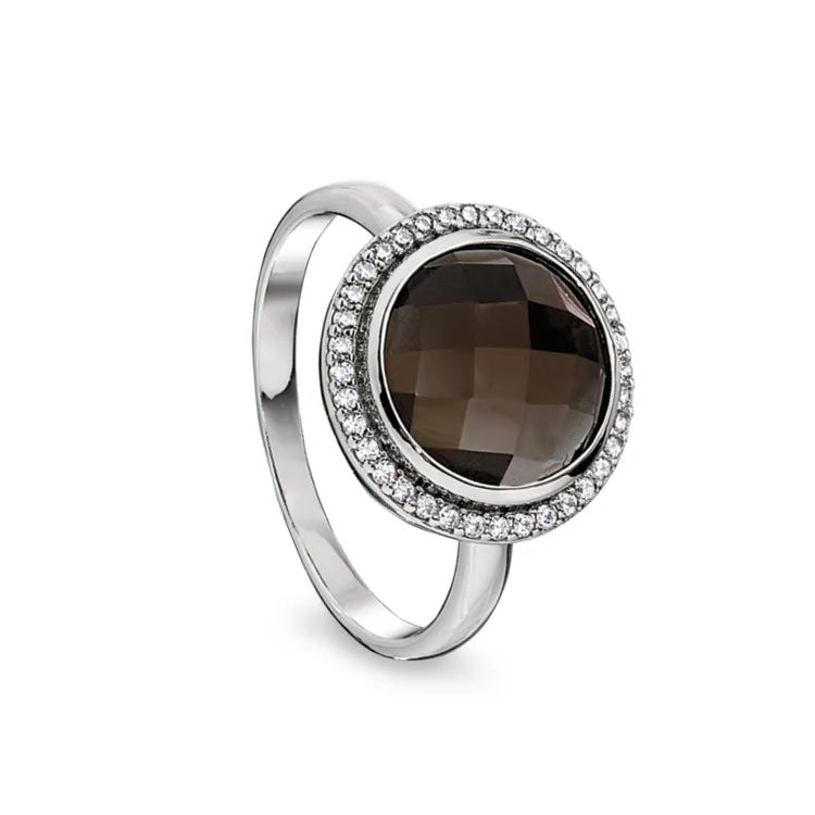 Ladies rings for calm charm -Platinum Finish Sterling Silver Micropave Facet Cut Smoky Quartz Ring with Simulated Diamonds