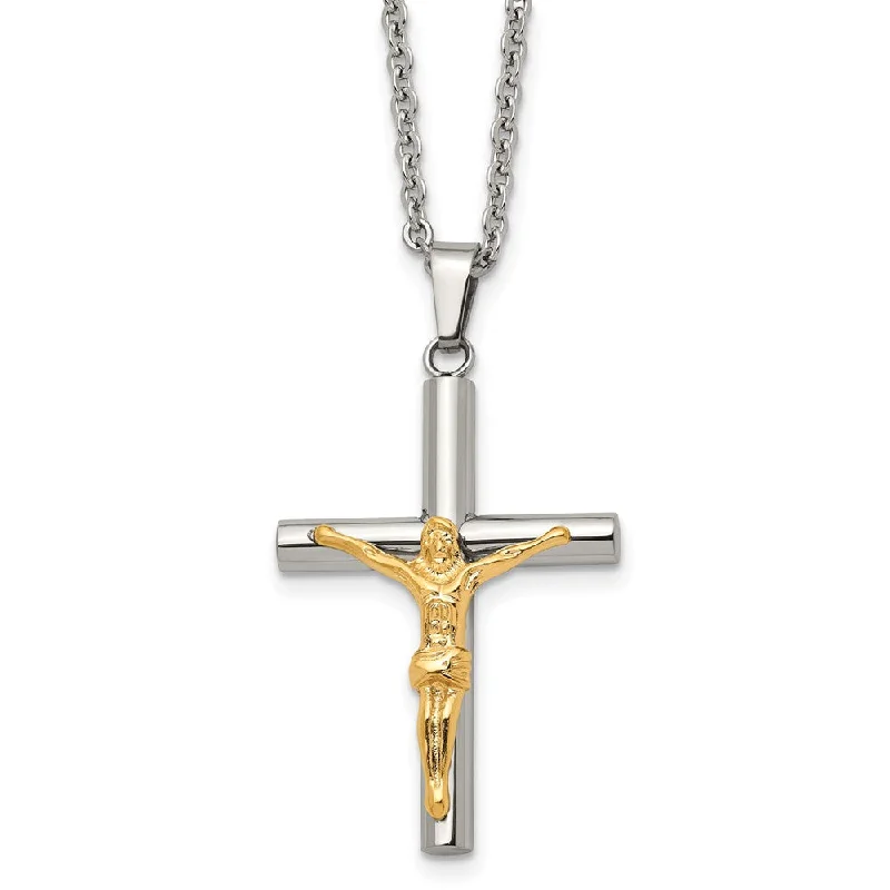 ladies-party-figaro-chain-necklaces-Stainless Steel Gold Tone Plated Crucifix Tube Cross Necklace, 20 Inch