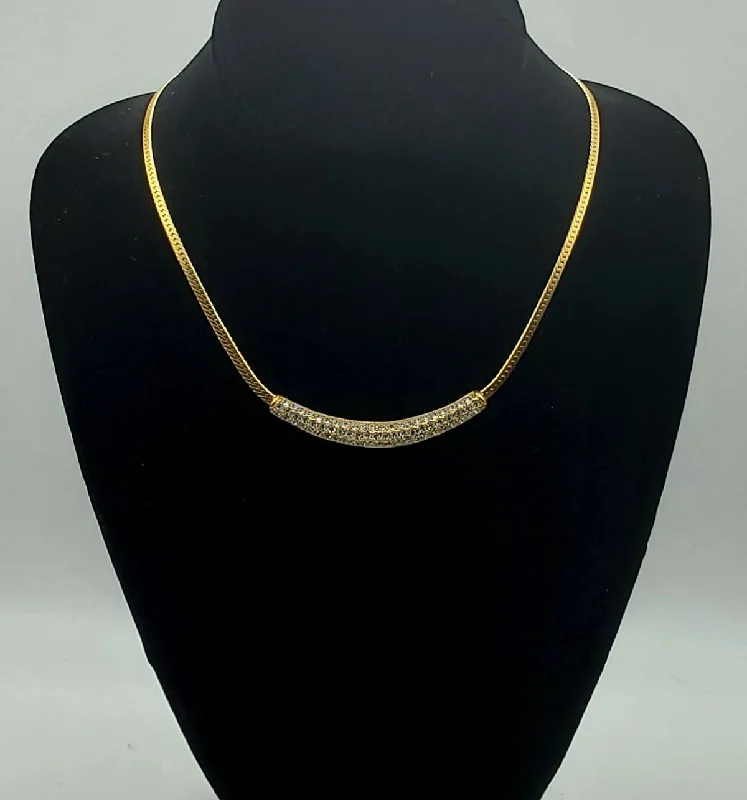 Ladies rings for adventurer vibes -Gold Tone Herringbone Link Rhinestone Pendant Chain Necklace