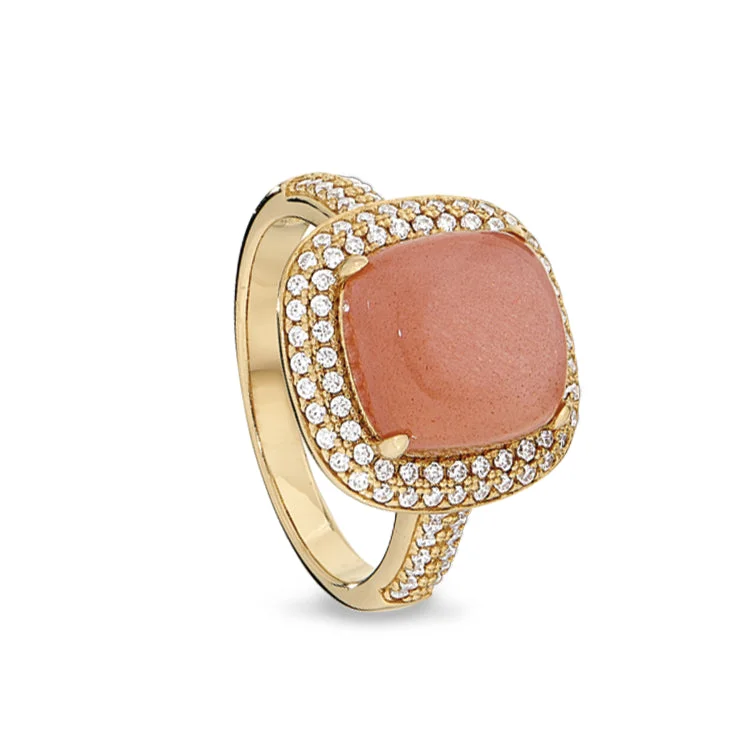 Ladies rings retro shine -Gold Finish Sterling Silver Micropave Peach Quartz Ring with Simulated Diamonds