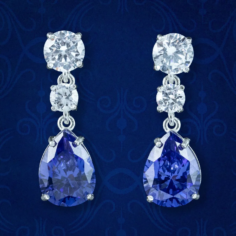 Ladies earrings unique shine -Art Deco Style CZ Tanzanite Drop Earrings Silver