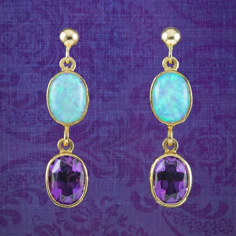 Ladies earrings for wanderer charm -Edwardian Style Opal Amethyst Drop Earrings 9ct Gold