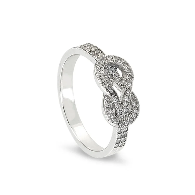 Ladies rings bowed elegance -Platinum Finish Sterling Silver Micropave Knot Ring with Simulated Diamonds