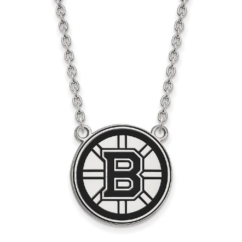 ladies-everyday-curb-chain-necklaces-Sterling Silver NHL Boston Bruins LG Enamel Necklace, 18 In