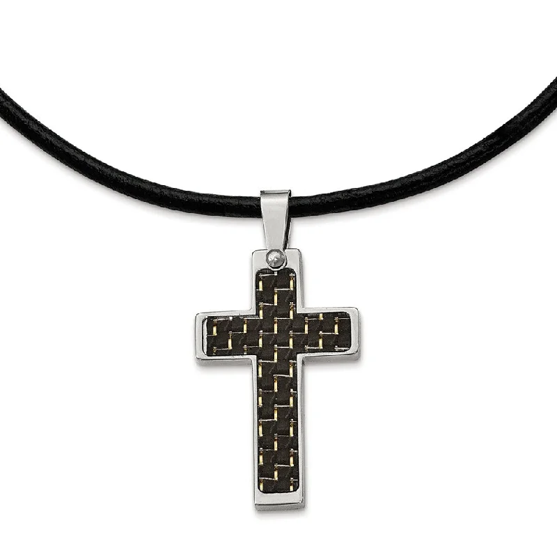 ladies-multi-strand-silver-necklaces-Stainless Steel and Black Carbon Fiber Cross and Leather Cord Necklace