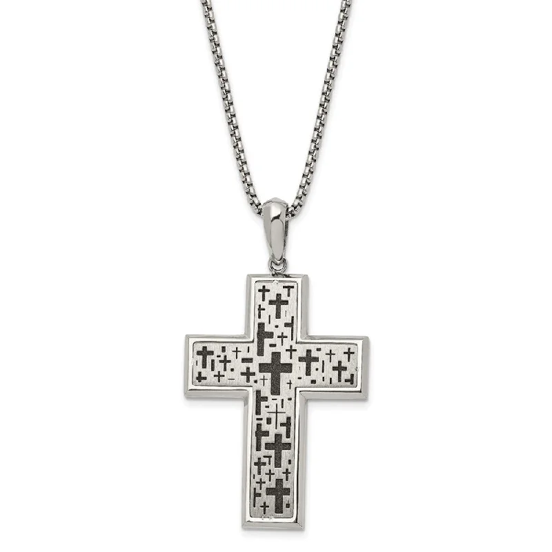 ladies-modern-heart-locket-necklaces-Stainless Steel Two Tone Brushed & Laser Cut Cross Necklace, 24 In