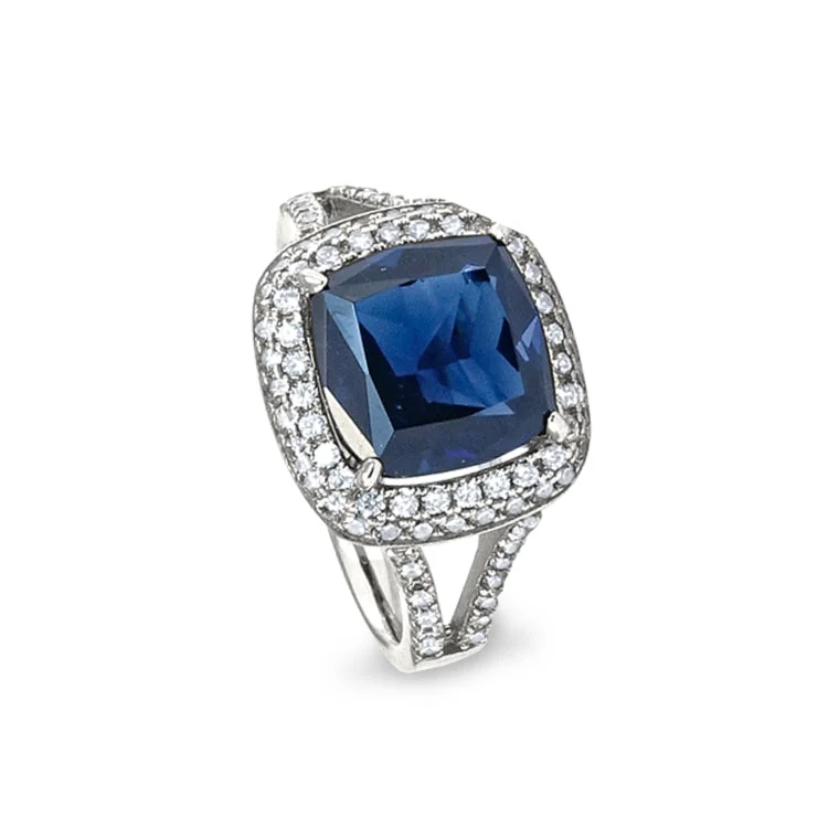 Ladies rings with scale shine -Platinum Finish Sterling Silver Micropave Emerald Cut Ring with Synthetic Blue Sapphire and Simulated Diamonds